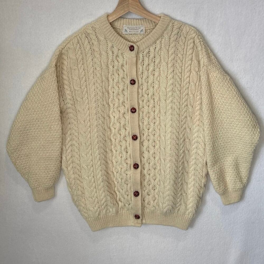 Highland Home Industries Button Sweater Ivory Cardigan Cable Knit Size Medium